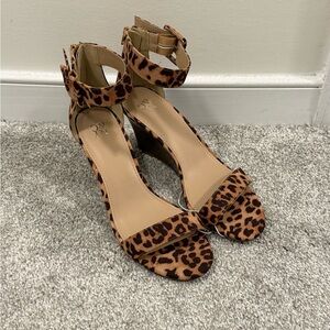 New York & Company Leopard Print Ankle Strap Wedge Sandals